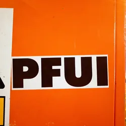 A close-up shot of a black and white sticker with the text "PFUI" in bold capital letters on an orange background. The sticker is rectangular and is affixed to a seemingly metallic surface.