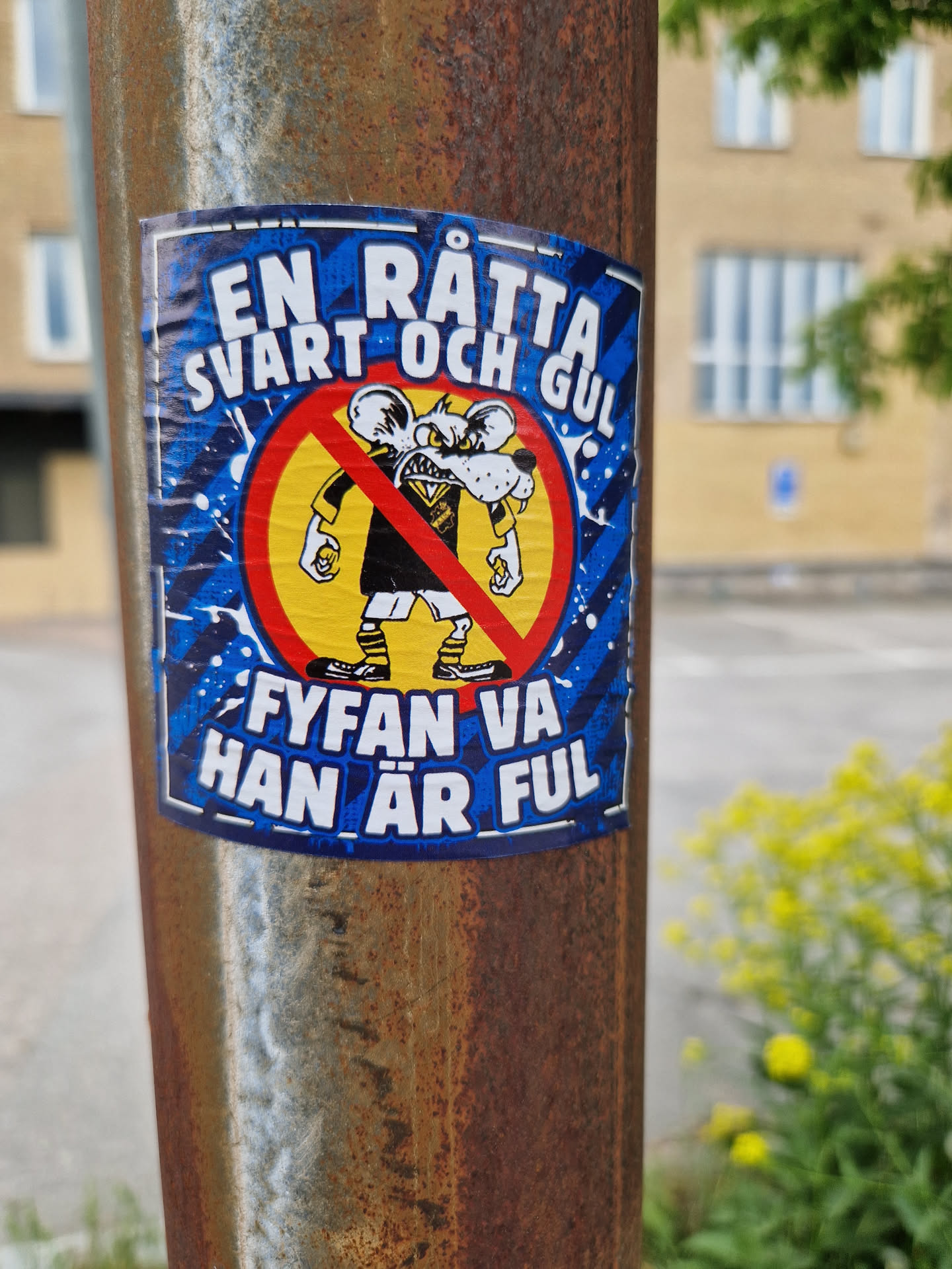 A sticker featuring a cartoon rat in a black and yellow shirt. The text translates to: "A black and yellow rat. Damn, he's ugly!"