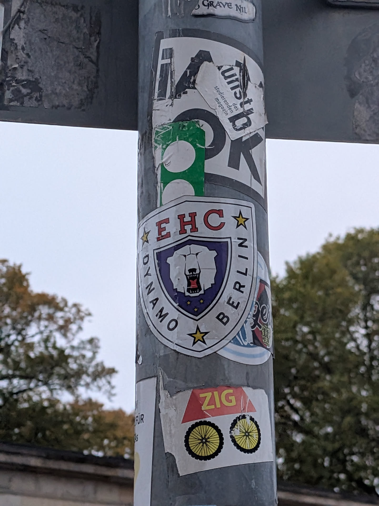 A shield-shaped sticker on a metal pole featuring the crest of EHC Dynamo Berlin. At the top, the letters 'EHC' are printed in red block lettering. In the center is a smaller dark purple shield showcasing the head of a roaring white polar bear with its mouth open, revealing fangs and a red tongue. Curved along the bottom edge of the shield is the text 'DYNAMO BERLIN' in black capital letters. Three yellow stars with black borders accent the left, right, and bottom borders of the crest.