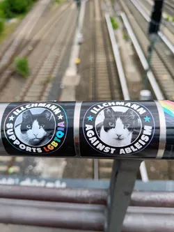 Two stickers featuring a cat and advocating for LGBTQIA+ rights and against ableism.