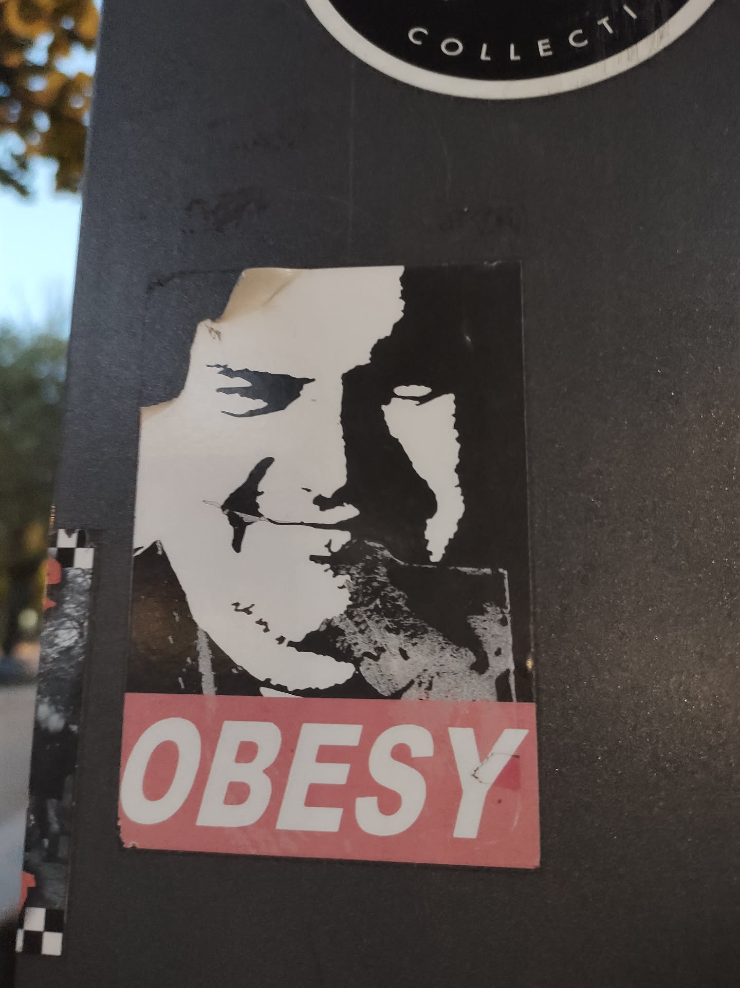 A black and white stenciled portrait of a man with a smirk, overlaid with the word "OBESY" in pink letters. The sticker has a slightly damaged edge.
