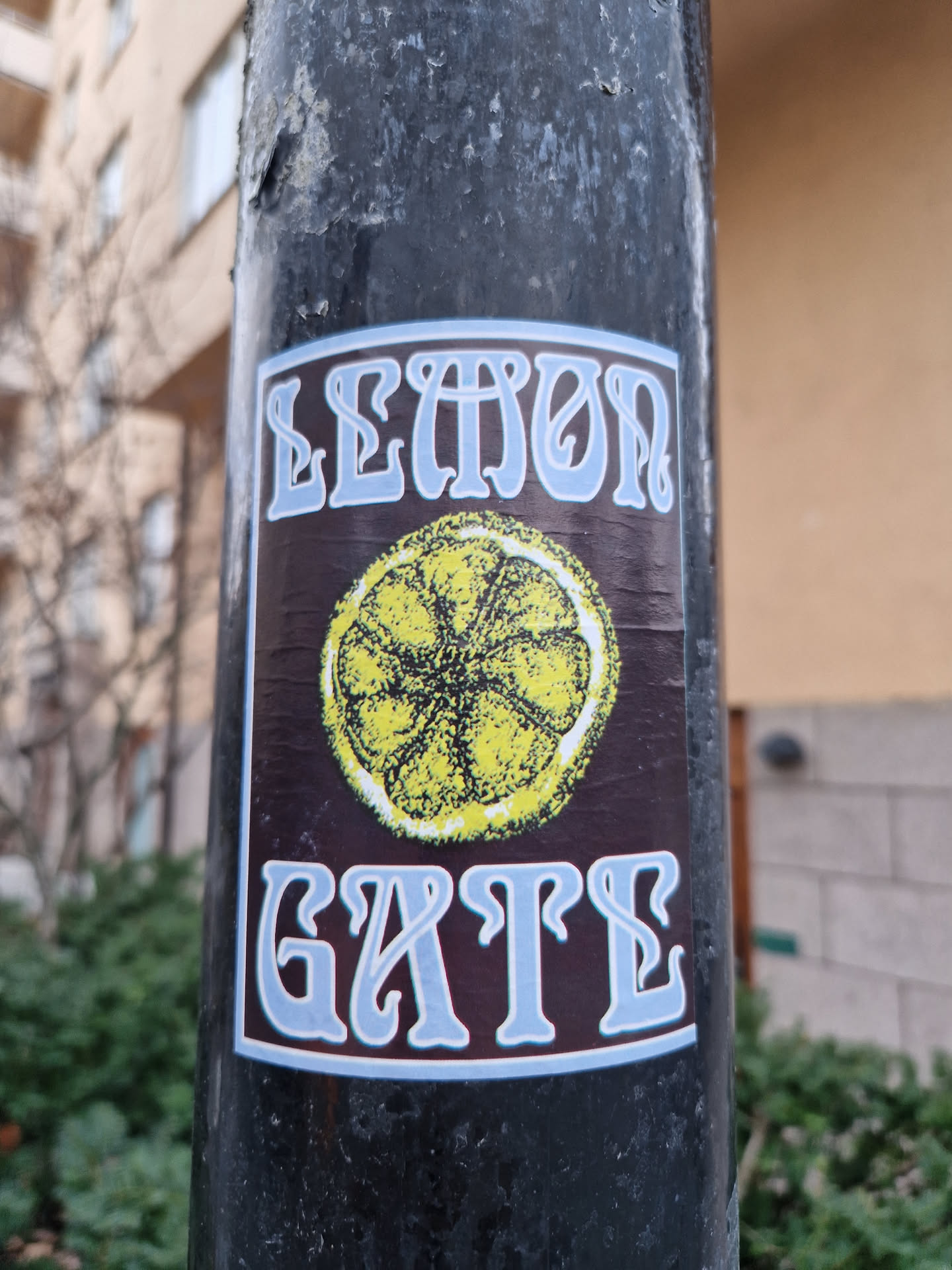 A sticker featuring a lemon and the text "Lemon Gate" in a retro style font. The sticker is on a dark brown background with a light blue border.