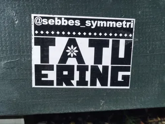 Black and white sticker with the text "TATU ERING" and a small flower in the center of the letter A. The top of the sticker contains the Instagram handle @sebbes_symmetri.