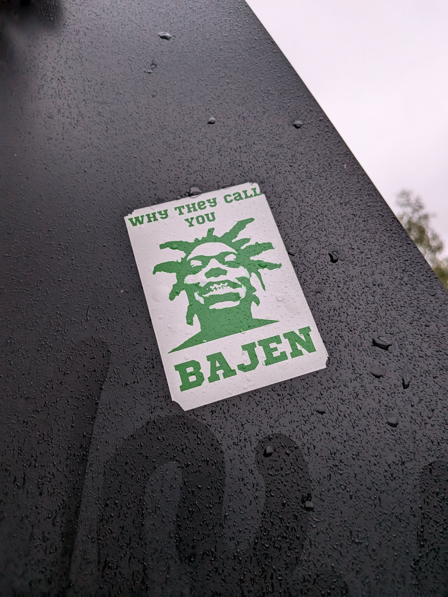 A rectangular sticker featuring a stylized, almost cartoonish portrait of a person with dreadlocks and a wide, toothy grin, rendered in solid green against a white background. Above the portrait, the text 'WHY THEY CALL YOU' is written in green capital letters. Below the portrait, the name 'BAJEN' is prominently displayed in larger, bold green capital letters. The sticker is affixed to a dark, textured surface, possibly metal, which is covered in numerous small water droplets, as is the surface of the sticker itself, giving it a weathered, outdoor appearance.