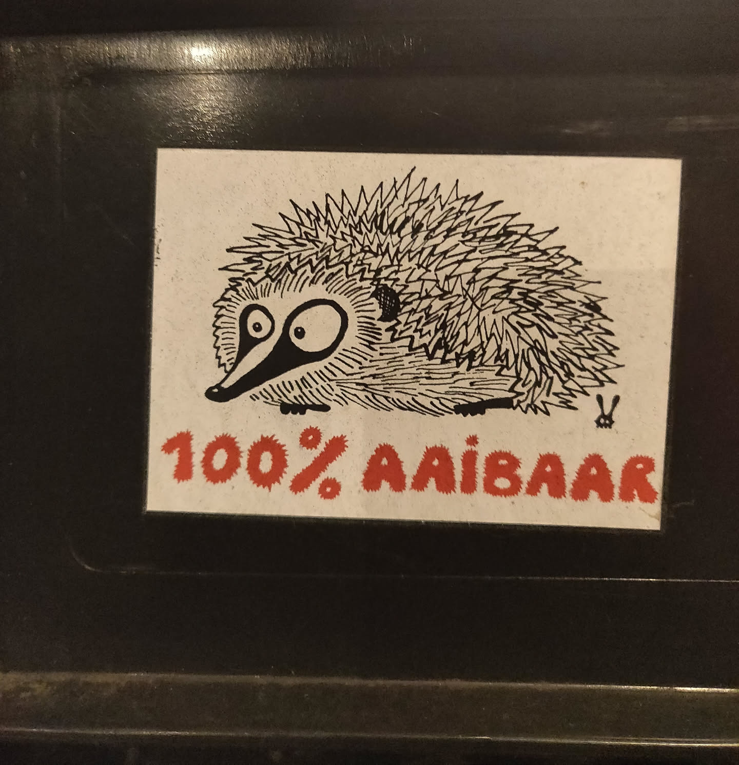 A cute sticker featuring a hedgehog with the text '100% AAIbaar' (100% huggable in Dutch) underneath. 