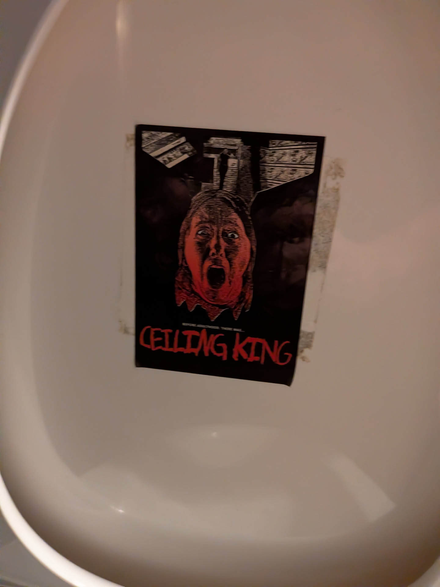 A vertical rectangular sticker designed like a classic horror movie poster against a black background. At the center is an etched, woodcut-style graphic of a screaming woman's face colored in red and black, reminiscent of Shelley Duvall in 'The Shining'. Above the face are geometric architectural drawings showing hallway ceilings and doorways. Below the image is a small, faint white tagline ('BEFORE ADULTHOOD, THERE WAS...') followed by the main title 'CEILING KING' written in bold, jagged red horror lettering.