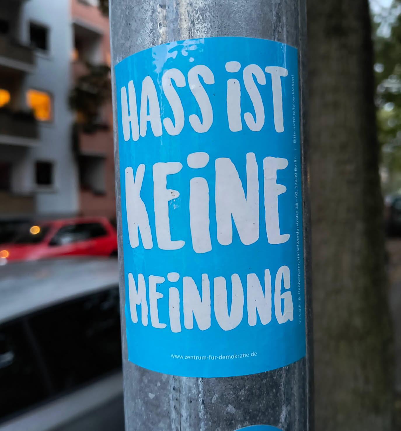 The sticker is bright blue with bold, white, slightly irregular sans-serif lettering. The text is arranged in three lines. The top line reads 'HASS IST', the middle line reads 'KEINE', and the bottom line reads 'MEINUNG'. To the right of the main text, in a smaller font, is the text 'Bitte nicht wild verkleben! | V.i.S.d.P.: B. Hannemann, Hasselwerderstraße 38-40, 12439 Berlin'. At the very bottom of the sticker, centered, is a website address: 'www.zentrum-für-demokratie.de'. The sticker appears to be adhered to a metal pole.