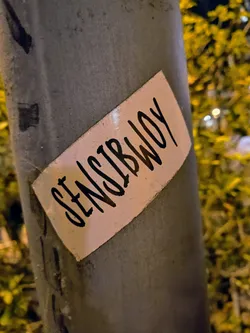 A rectangular sticker with rounded corners is affixed to a grey pole. The sticker has a light background with black text that reads "SENSIBWOT". The pole is weathered and has some dark marks on it.