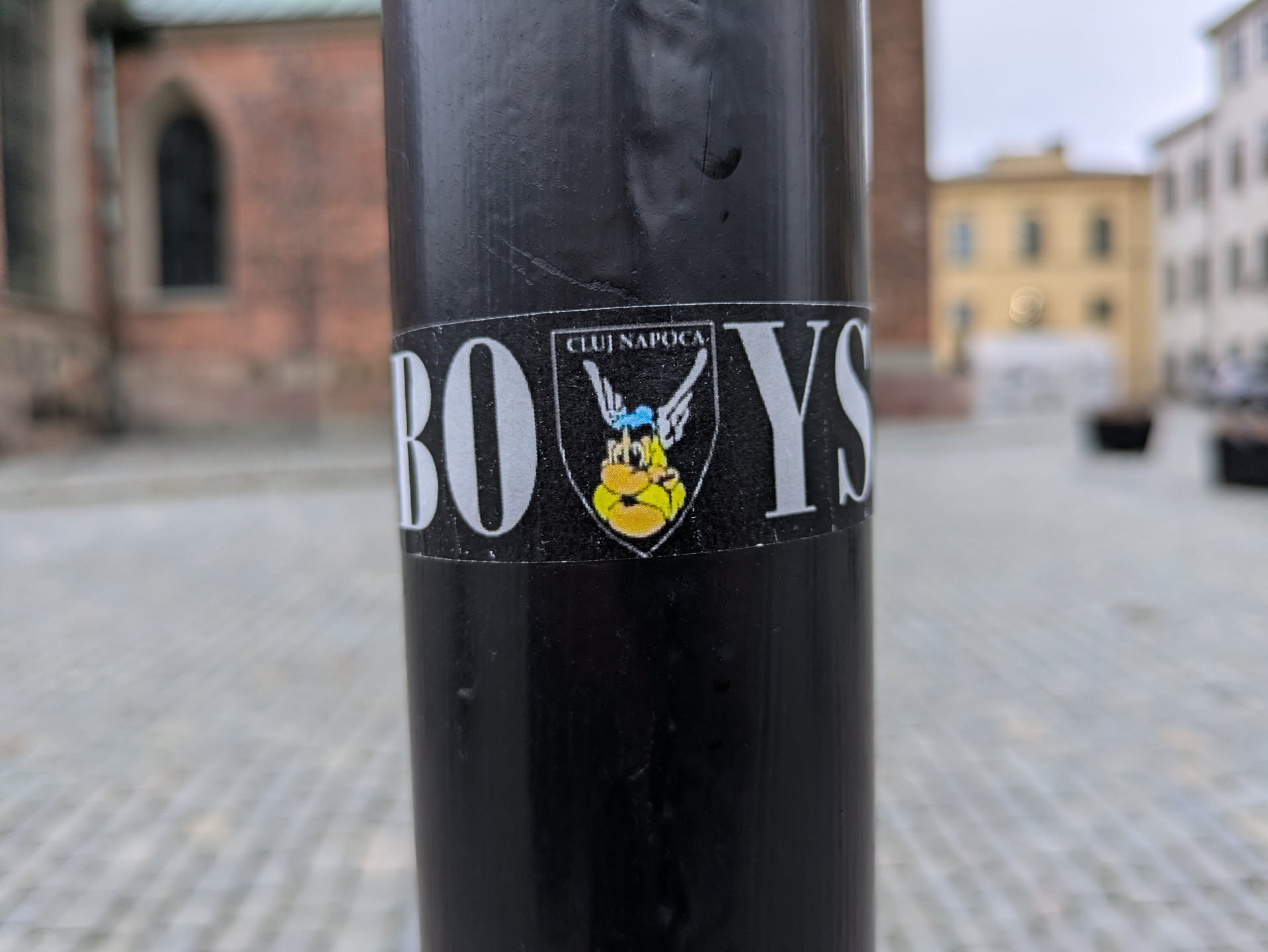 A black and white sticker with the word "BOYS" prominently displayed in a bold sans-serif font. The sticker features a small emblem in the middle that seems to be a stylized mascot or logo with a cartoonish character. The text "CLUJ NAPOCA" is visible above the emblem in a much smaller font size. The sticker is affixed to a dark-colored pole outdoors.