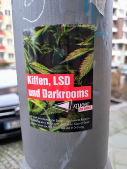 A sticker featuring a cannabis leaf design and the text "Kiffen, LSD und Darkrooms" in German.  The sticker also includes a logo for "Die Linke.queer" and a smaller text explaining their stance on a statement made by Beatrix von Storch (AfD).