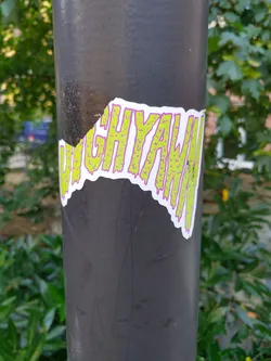 A sticker featuring the word HIGHYAWL in a stylized, dripping font. The letters are lime green with purple outlines and have a bubbly texture. The sticker is attached to a dark gray pole outdoors, and a portion of the sticker is torn.