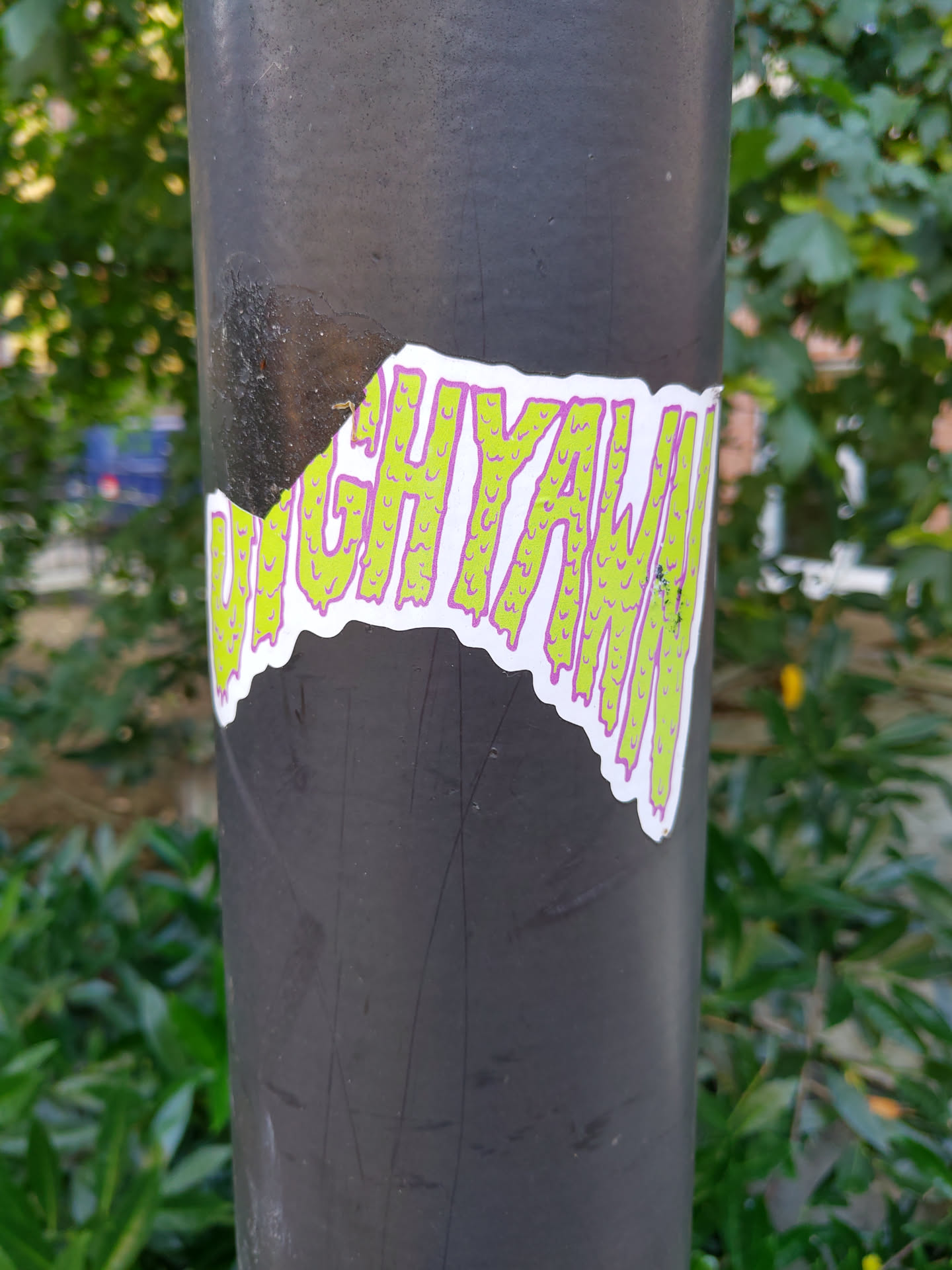 A sticker featuring the word HIGHYAWL in a stylized, dripping font. The letters are lime green with purple outlines and have a bubbly texture. The sticker is attached to a dark gray pole outdoors, and a portion of the sticker is torn.