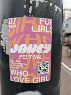 Pink and orange poster for the JoNey Festival in Amsterdam on September 7th, 2024, at the Thuishaven terrain.  The poster includes a QR code and the text 'Who Love Girl'.